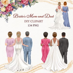 Hochzeit Clipart. Hochzeits-Familienportrait. Braut Mama und Papa Clipart. Brautkleid Bundle. Anpassbare Braut Clipart.