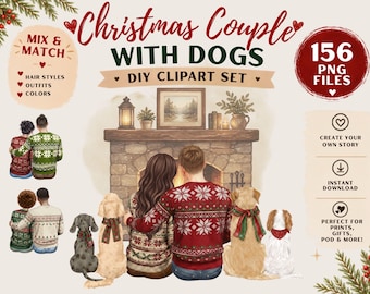 Christmas Couple with Dogs Mix & Match Clipart | Portrait Creator PNG