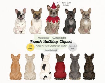 Paquete de imágenes PNG de bulldog francés, creador de retratos de perros de espaldas, elementos personalizados para retratos de mascotas, descarga digital de bulldog francés en acuarela