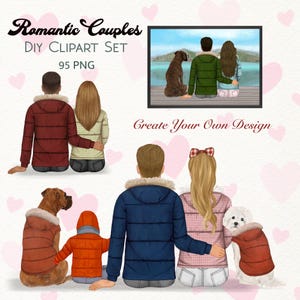 Imágenes prediseñadas de pareja romántica. Imágenes prediseñadas de familia personalizables. Imágenes prediseñadas de pareja con mascota. Gráficos de mamá, papá y niño. Imágenes prediseñadas de POD. Retrato personalizado.