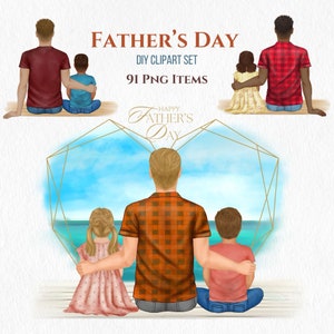 Vatertag Clipart-Set. Sitzender Vater und Kinder. Papa Tochter Sohn. Personalisiertes Vatertagsporträt. DIY Clipart. Porträt-Schöpfer.