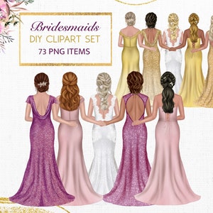 Brautjungfer Clipart. Hochzeitskleid Clipart. Benutzerdefinierte Braut Grafiken. Braut Porträt Schöpfer. Beste Freunde Brautjungfern. Glitzernde Braut png