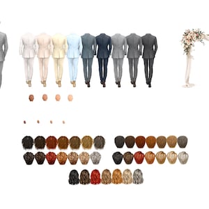 May include: A digital illustration set featuring a figure in a grey suit, a selection of nine suits in various colors, a wedding arch with floral accents, and a collection of diverse hairstyles and skin tone options for customization.