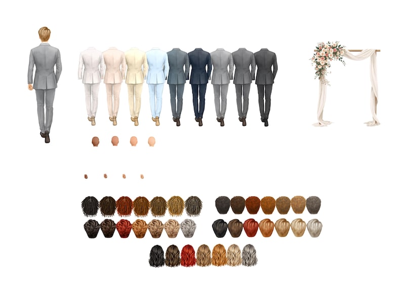 May include: A digital illustration set featuring a figure in a grey suit, a selection of nine suits in various colors, a wedding arch with floral accents, and a collection of diverse hairstyles and skin tone options for customization.