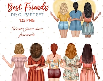 Best friends clipart. Summer Girls png. Friendship clipart. Customizable Besties. Girl DIY Clipart. People Back png. Portrait Creator