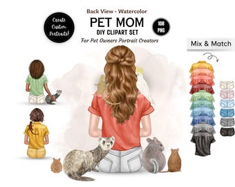 Exotic Pet with Girl Portrait Creator, Watercolor Back View Woman, Exotic Pets PNG Bundle