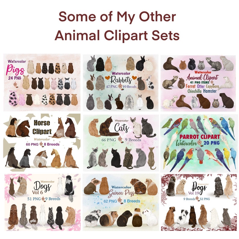 May include: A collage of watercolor animal clipart sets, featuring pigs, rabbits, cats, horses, parrots, guinea pigs, and dogs. Each set includes multiple images of different breeds, with the number of images and breeds listed for each animal.