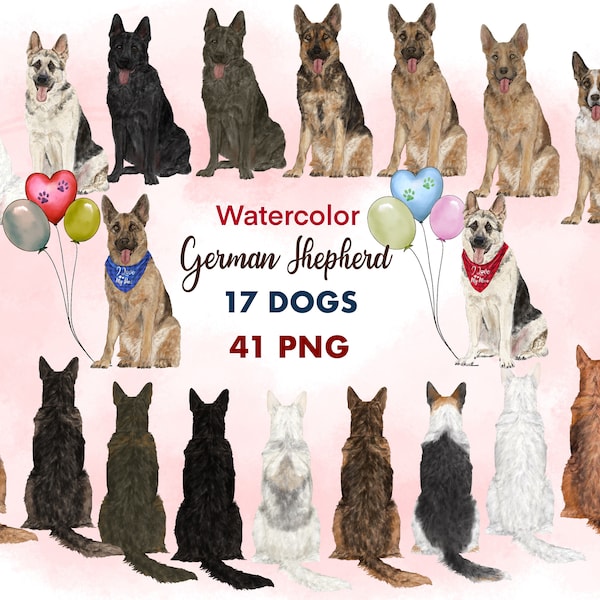 Watercolor German Shepherd Clipart. Dog Mom Dad gift. Cute Dog Clipart. Gift Card Graphic. Portrait Creator. Rear Sitting dog. Birthday gift