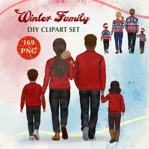 Clipart familiar navideño. Familia afro unida. Regalo de retrato familiar memorable. Clipart de ropa de invierno. Pareja con recién nacido. Madre e hijos