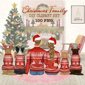 Christmas Family Clipart. Family Portrait Design. Personalized Christmas gift png. Cosy Fireplace scene. Christmas interior. Santa hat