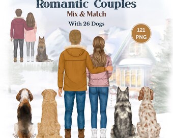 Customizable Winter Couple Clipart with Dogs (Digital Download)