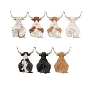 May include: Eight longhorn cattle are sitting with their backs to the viewer. The cattle are in various color combinations of white, black, brown, and spotted.