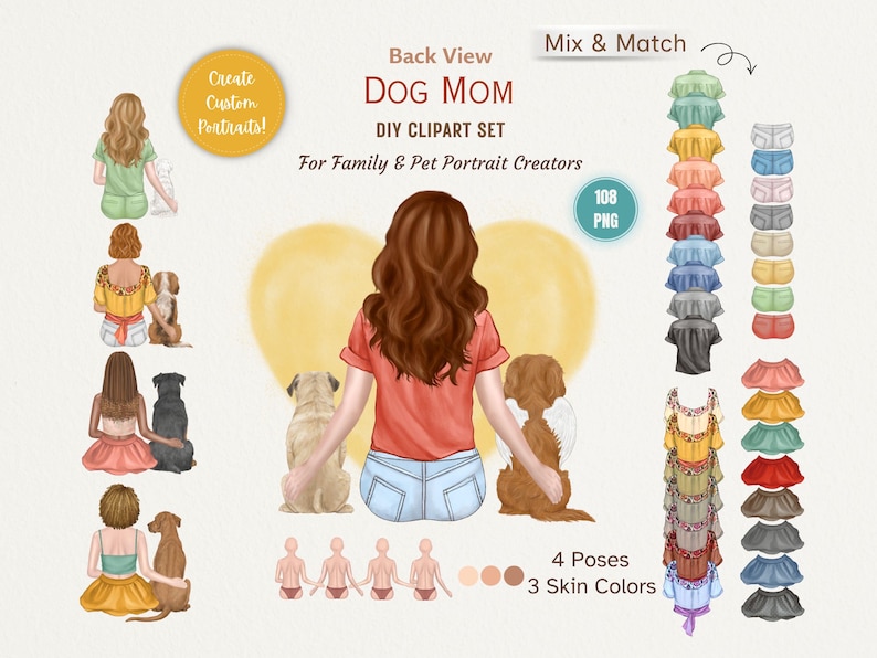 May include: Digital clipart set titled "Dog Mom" with a back view illustration of a person with two dogs. Includes mix-and-match clothing options, poses, and skin tones. Text includes "Create Custom Portraits!" and "For Family & Pet Portrait Creators."