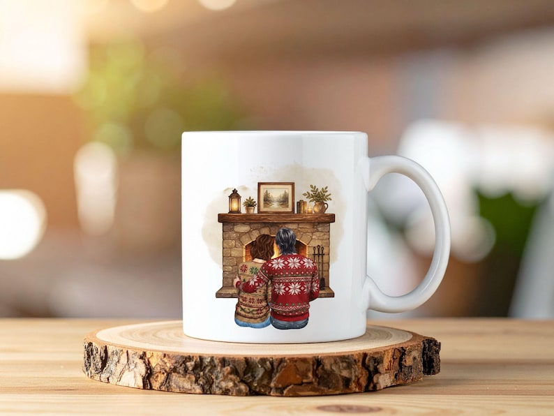May include: A white ceramic mug featuring a printed illustration of two people sitting in front of a stone fireplace. The individuals are wearing patterned red and beige sweaters. The fireplace mantel holds a framed picture, a lantern, and a plant.