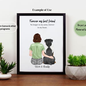 May include: A framed print featuring an illustration of a person and a dog with angel wings. The text reads "Forever my best friend" and "No longer in my arms, forever in my heart." The names "Olivia & Buddy" are at the bottom.