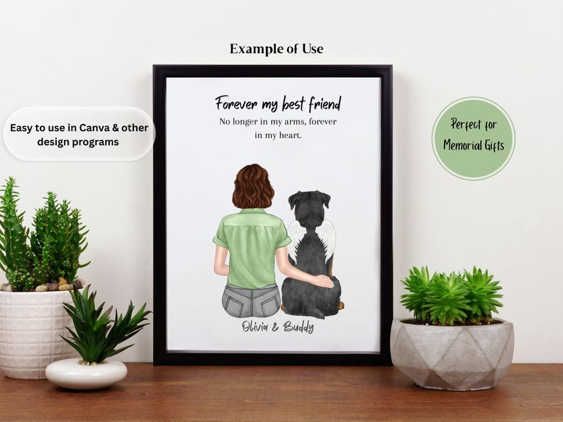 May include: A framed print featuring an illustration of a person and a dog with angel wings. The text reads "Forever my best friend" and "No longer in my arms, forever in my heart." The names "Olivia & Buddy" are at the bottom.