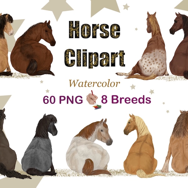 Watercolor HORSE CLIPART. Horse Breeds Bundle. Horse Portrait. Customizable Horses. Horse illustration. Arabian Horse. Thoroughbreds graphic