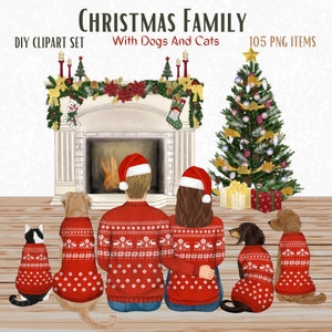 Clipart di famiglia di Natale. Disegno di ritratto di famiglia. Regalo di Natale personalizzato png. Scena accogliente del camino. Interni di Natale. Cappello di Babbo Natale
