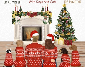Christmas Family Clipart. Family Portrait Design. Personalized Christmas gift png. Cosy Fireplace scene. Christmas interior. Santa hat