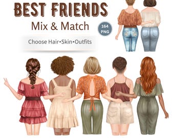 Customizable Friends Clipart, Boho Girls Illustrations, Mix Match Outfits (PNG)