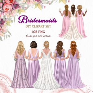 Clipart di damigelle d'onore. Clipart di abiti da sposa. Grafica personalizzata per spose. Creatore di ritratti di spose. Damigelle della migliore amica. Sposa scintillante png