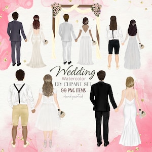CLIPART DE CASAMENTO EM AQUARELA. Pacote de Vestido de Noiva, Clipart de Noiva Personalizável. Casamento Estilo Boho. Noiva e Noivo