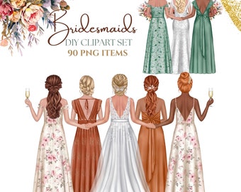 May include: A set of 90 digital illustrations of bridesmaids in various dresses. The bridesmaids are wearing dresses in shades of green, white, brown, and floral patterns. The illustrations are perfect for creating personalized wedding invitations, thank you cards, or other wedding-related projects.