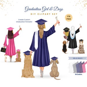 Könnte beinhalten: Digitales Clipart-Set mit Illustrationen von Absolventen in Hüten und Roben mit Hunden. Das Set enthält verschiedene Farben und Stile, mit dem Text "Graduation Girl & Dogs" und "Create Custom Graduation Portraits!"