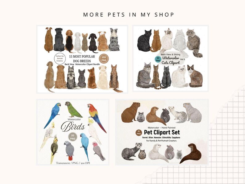 May include: A collection of watercolor pet clipart sets. The image features illustrations of various dog breeds, cats, birds, and other small animals. The text includes "15 Most Popular Dog Breeds", "Cats Clipart", "Birds", and "Pet Clipart Set".