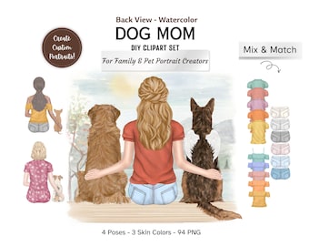 Dog Mom Back View Watercolor Clipart – Golden Retriever, Chihuahua, German Shepherd (Digital Download)