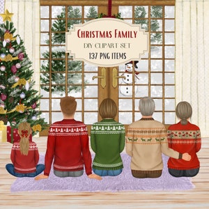 Clipart de grande famille de Noël. Illustration de maison confortable. Grand-mère grand-père. Portrait de famille ensemble. Personnes assises de dos. Art festif.