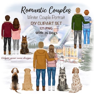 Clipart de couple personnalisable. Clipart de maman chien. Lot races de chiens. Portrait de famille d'hiver. Clipart petit ami petite amie. Personnes de dos PNG