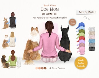 Dog Mom Clipart, Woman and Dog Breeds Illustration (PNG, 300 dpi)