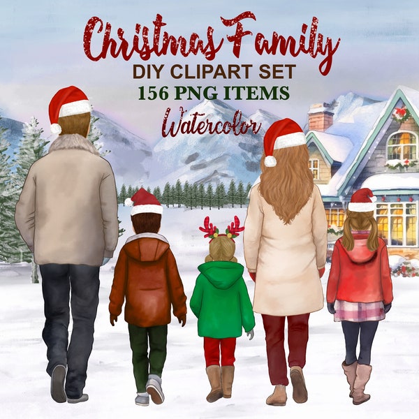 Christmas Family Clipart. Watercolor mother Father Brother Sister Clipart. Parent and kids. Winter family DIY portrait. Personalized gift