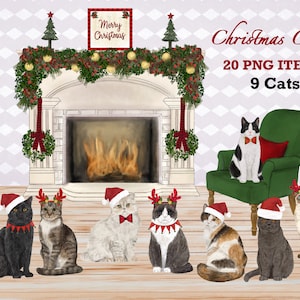 Clipart de chat de Noël. Illustration aquarelle de chat. Clipart de décoration de Noël. Sublimation de chat. Chat portant un bonnet de Noel. Mignons chatons duveteux.