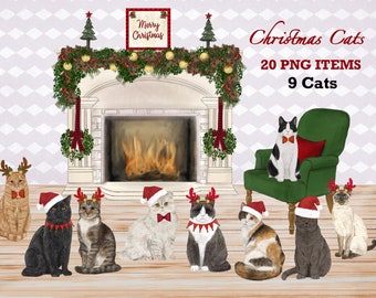 Christmas Cat Watercolor Clipart: Santa Hats, Holiday Decor (PNG)