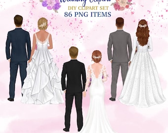 May include: Four couples in wedding attire stand back to back. The brides are wearing white wedding gowns with lace details. The grooms are wearing suits in navy blue, black, and gray. The background is a light pink with white polka dots.
