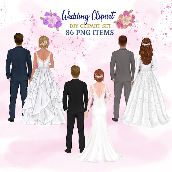 Wedding DIY Clipart. Wedding Dress Bundle, Customizable Bridal Clipart.  Bride and Groom portrait creator