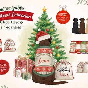Customizable Christmas Labrador Clipart Set | Name-Ready PNG Elements (28 Items) image 1
