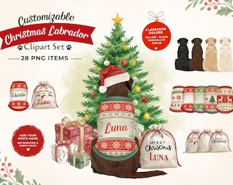Customizable Christmas Labrador Clipart Set | Name-Ready PNG Elements (28 Items)