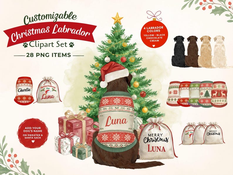 Customizable Christmas Labrador Clipart Set | Name-Ready PNG Elements (28 Items) image 1