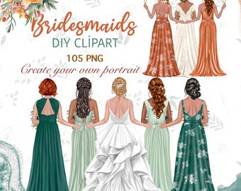 Bridesmaid Clipart Bundle, Back View Wedding Portrait Maker (105 PNG Files)
