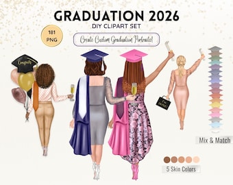 Graduation Friends Clipart: Watercolor Graduate Girls PNG (Digital Download)