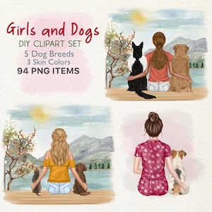 Clipart de maman chien aquarelle. Clipart fille et chiens. Clipart de perte d'animal de compagnie, png de races de chiens. Cadeau pour propriétaires de chiens. Créateur de portraits. Meilleur ami du chien png