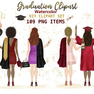 Clipart de bricolaje de graduación en acuarela. Ilustración de mejores amigos graduados. Diseño de collage de retratos de último año. Gráficos de estudiantes universitarios.