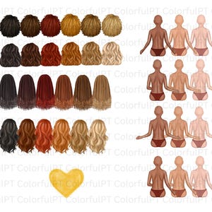 May include: Digital illustration featuring various hairstyles in shades of black, brown, red, and blonde. The image also includes illustrations of figures with different skin tones, and a yellow heart shape.