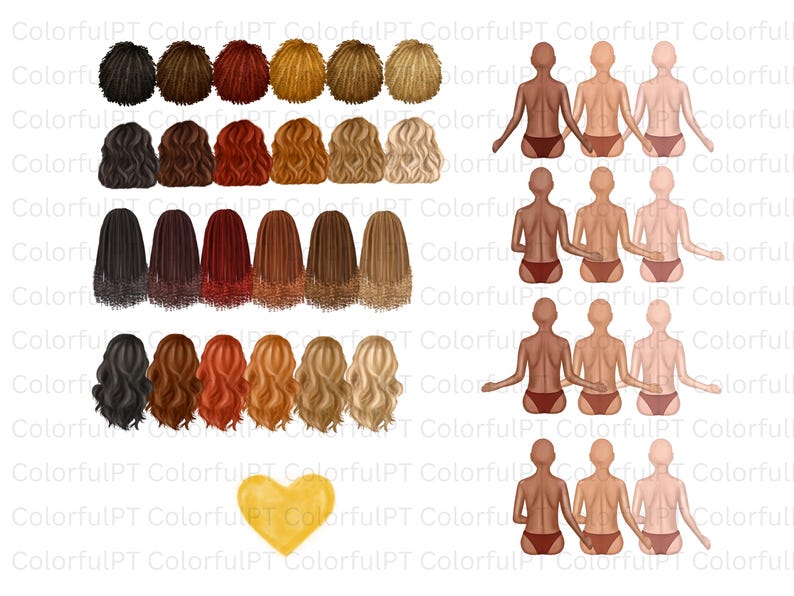 May include: Digital illustration featuring various hairstyles in shades of black, brown, red, and blonde. The image also includes illustrations of figures with different skin tones, and a yellow heart shape.