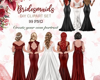 Watercolor Bridesmaid Clipart: Bridal Party Creator (99 PNG)