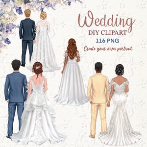 Clipart fai da te per matrimonio. Clipart sposa e sposo. Pacchetto abito da sposa. Clipart ritratto di matrimonio. Clipart png matrimonio personalizzabile. Grafica per sposi.