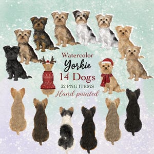 Clipart Yorkie aquarelle. Portrait yorkshire. Cadeau pour amoureux des chiens, membres de la famille. Créateur de portraits. Chiens assis à l'arrière. Sublimation de chien de Noël